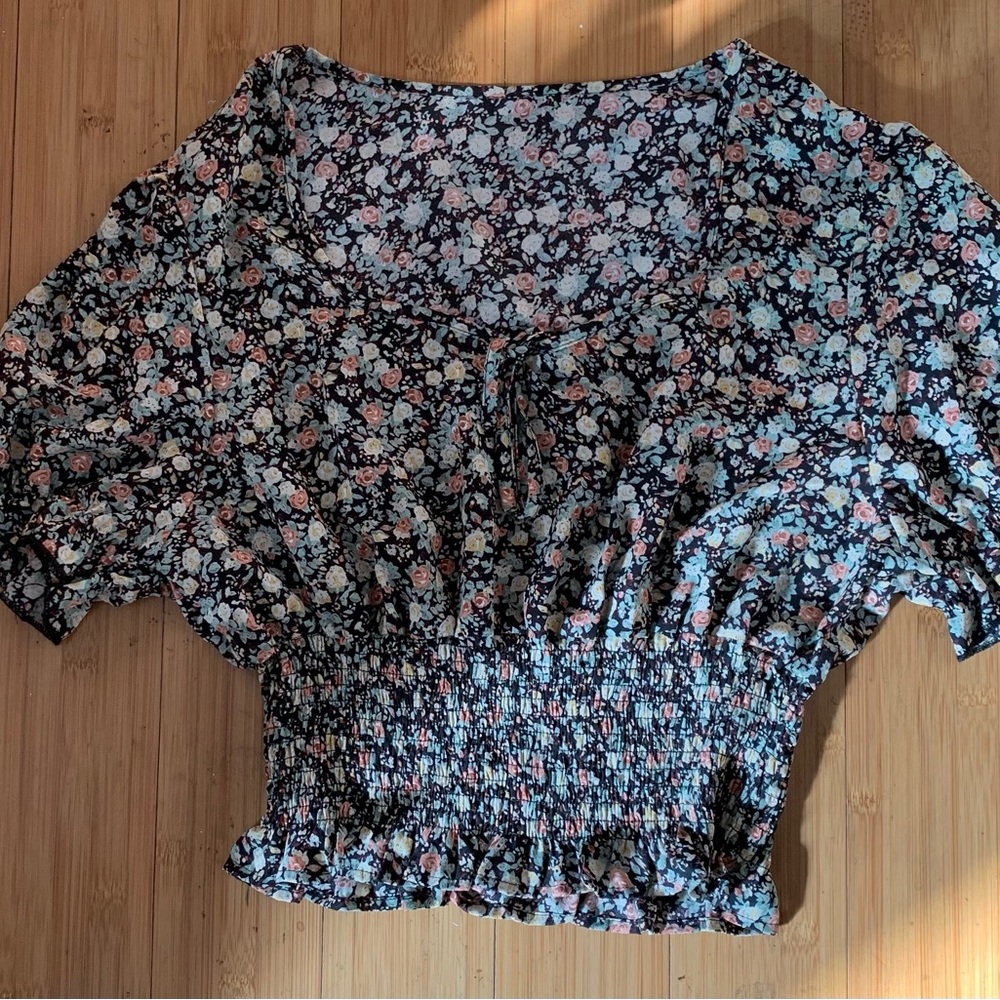 SHEIN Floral Smocked Blouse - Black, Pink, Cream